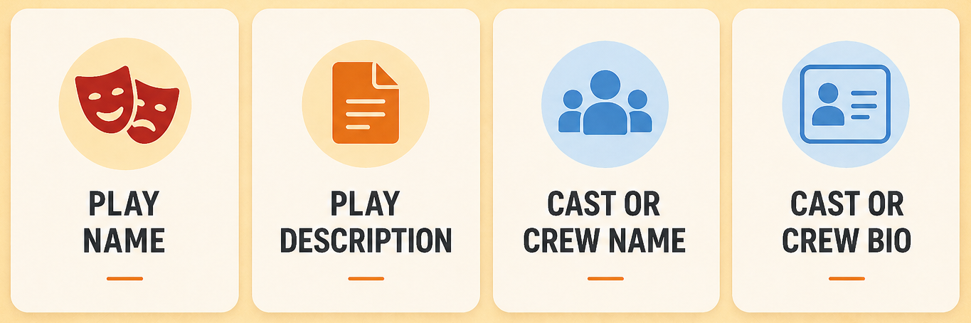 Search below for play name, play description, cast or crew name, cast or crew bio.